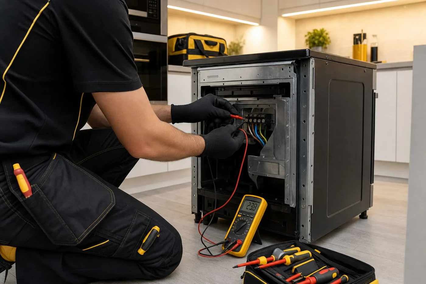 Electric cooker connection and kitchen electrical wiring being checked in a Doncaster home