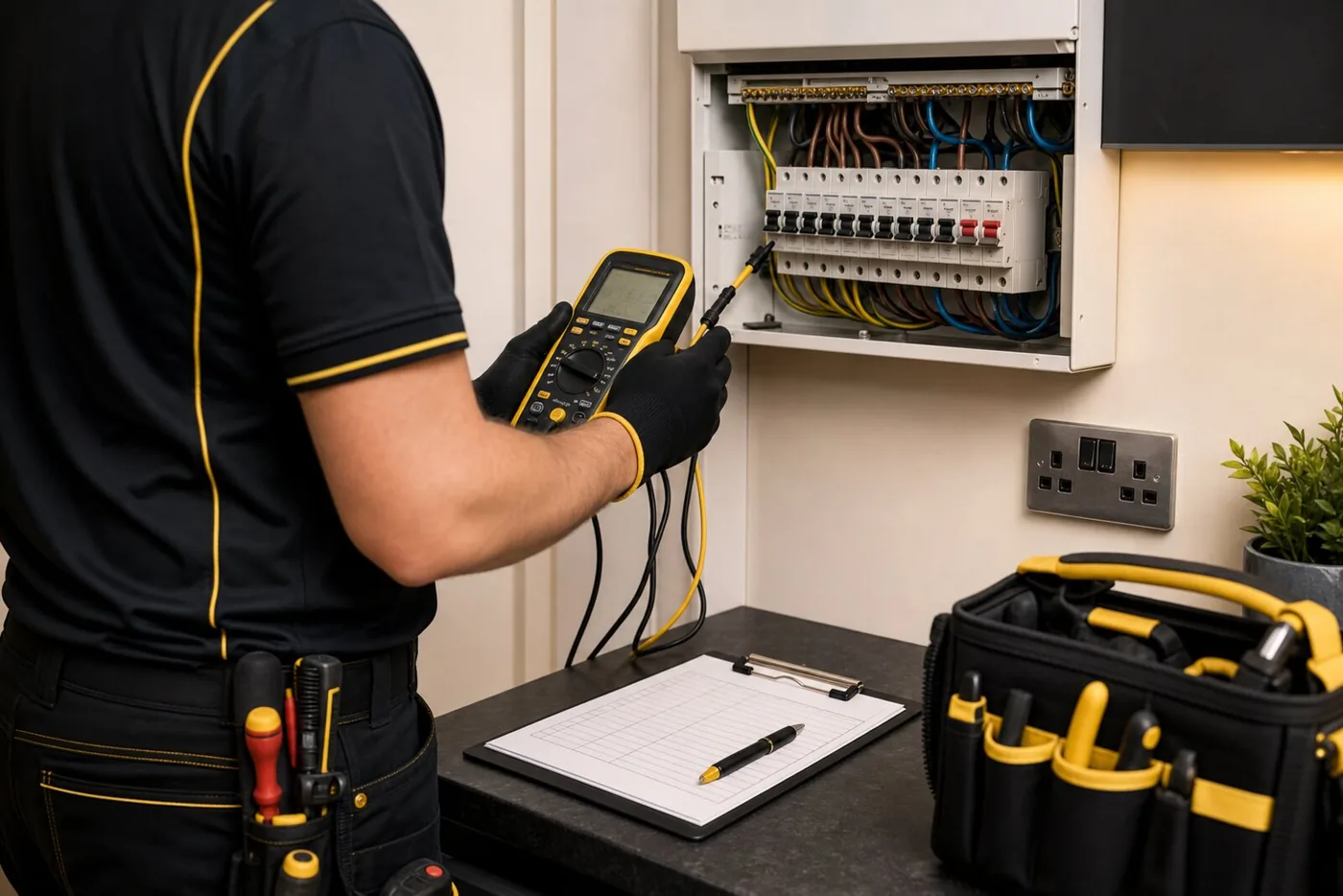 Electrician completing electrical safety testing