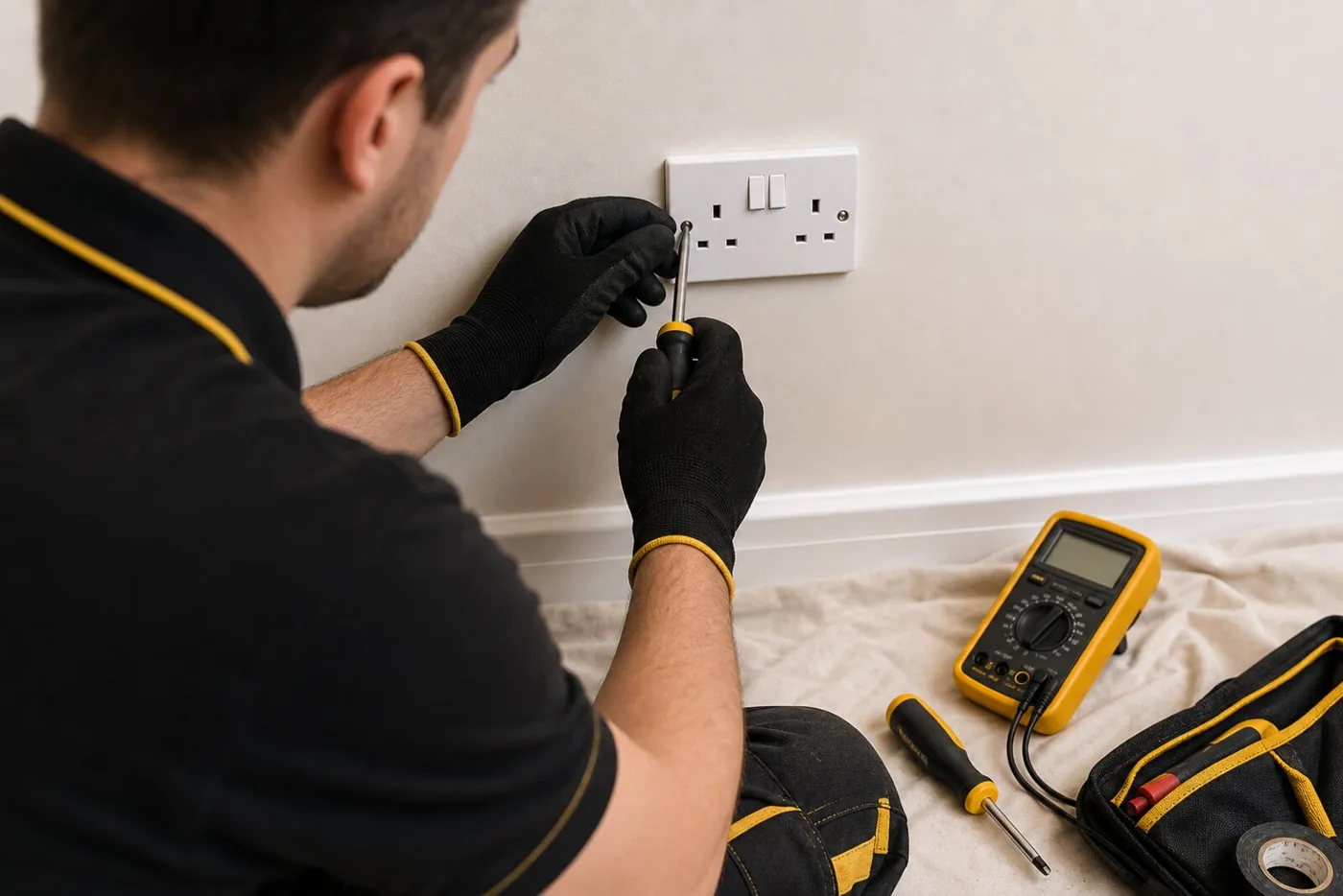 Domestic electrical sockets being checked in a Doncaster home