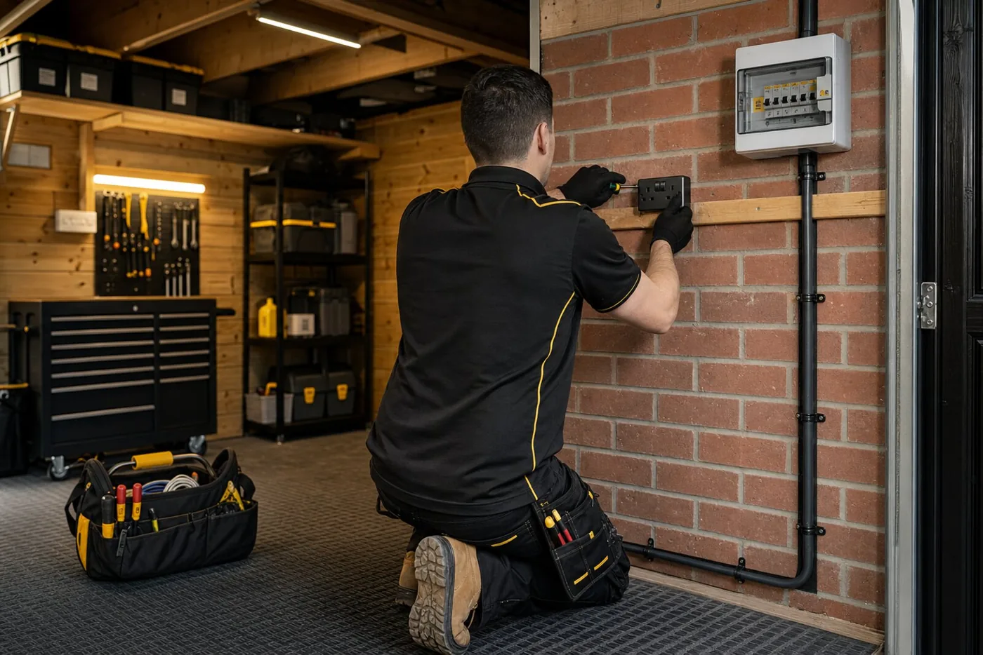 Garage workshop lighting and electrical power being checked in Doncaster