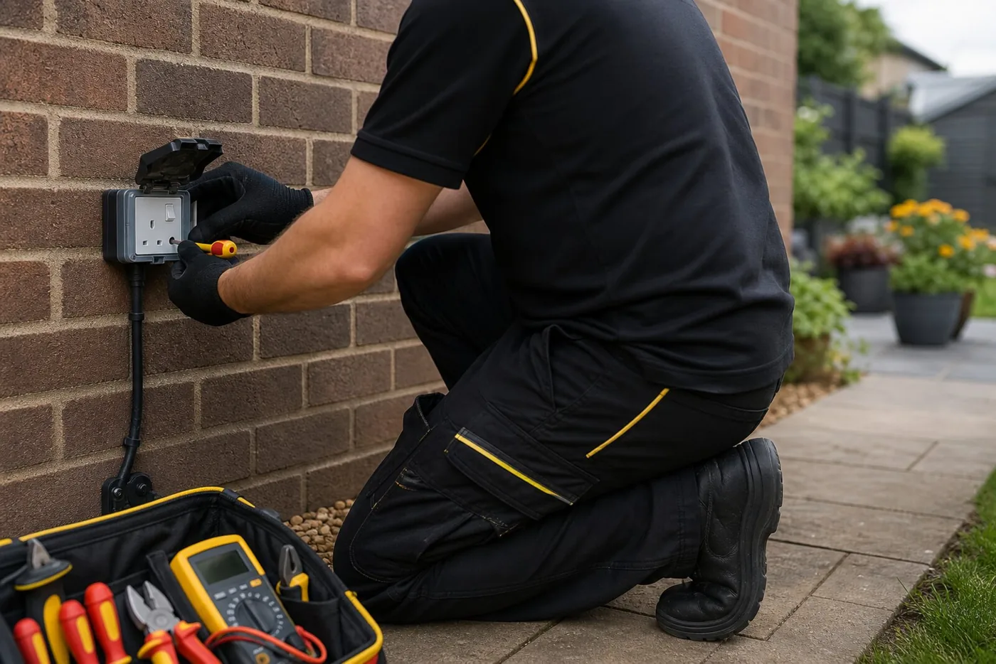 Outdoor electrical socket installed for garden power